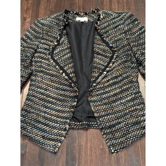Ann Taylor LOFT Blazer Women 0 Dark Multi Tweed Boucle Open Front Fringe Lined - Picture 3 of 12